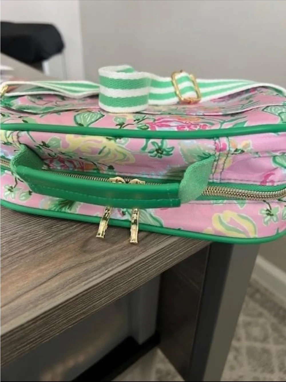 New Lilly Pulitzer Pink Floral Crossbody Bag Lunch Box with Green Striped Strap